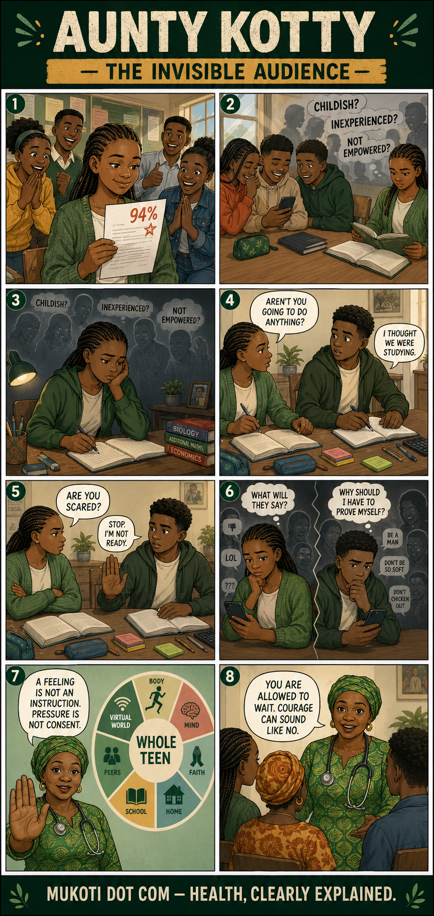 Eight-panel Aunty Kotty cartoon about Tari, a high-achieving learner influenced by peer pressure, Kuda asserting that he is not ready, and Aunty Kotty explaining consent and courage.